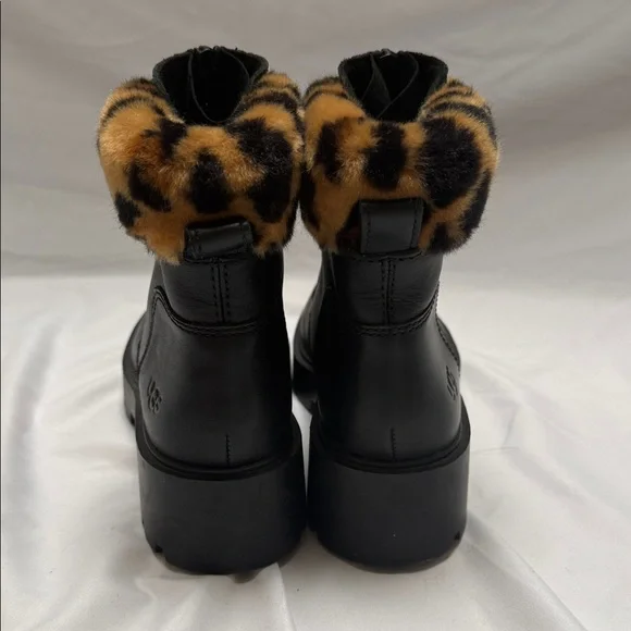UGG Czeriesa Black Leather with Leopard Shearling Cuff & Zip Front Boots - Picture 4 of 6